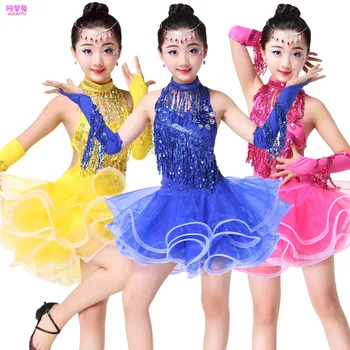 Dievčatá Latin dance sukne deti, tanečné oblečenie Pompon priadza sukne lete triedenie praxi oblečenie detí kostýmy