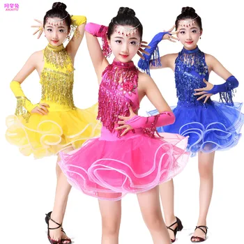 Dievčatá Latin dance sukne deti, tanečné oblečenie Pompon priadza sukne lete triedenie praxi oblečenie detí kostýmy