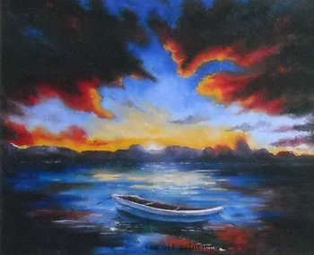 Ručné Abstraktné Seascape Súmraku a Loď v Jazere olejomaľba na Plátne, obrazov na Stenu v Kaligrafie na Ozdobu