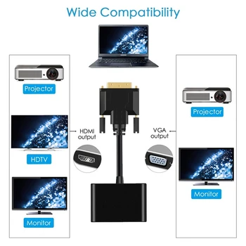 DVI na HDMI+VGA Adaptér, 2 v 1, DVI Converter 1080P HD Adaptér, Vhodný pre TV, Projektor, Displej