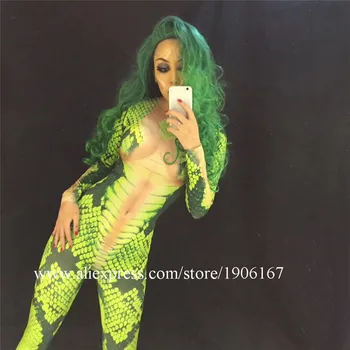 Halloween Zelený Had Jumpsuit Halloween 3D Cosplay Úlohu Kostým Ženy Sexy, nočný klub Party Šaty Tanečné Oblečenie Kombinézu