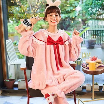 Kórejský Štýl Pyžamo Žena Flanelové Bábika Golier Princezná Dvoch-Dielny Jeseň Zima Coral Fleece Oblečenie Pre Voľný Čas Voľný Čas Sleepwear