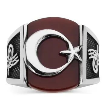 Striebro Polmesiaca Star Pánske Krúžok s Burgundsko Kameň Achát Módne turecký Premium Kvalitné Ručné Jawelery