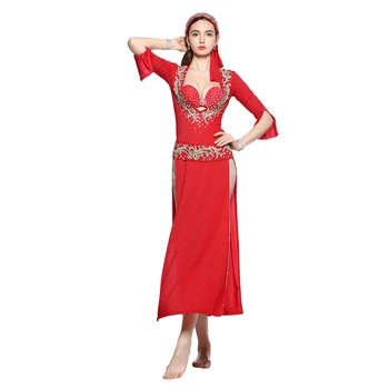 Brušný Tanec Beledi Saiidi Šaty Výšivky Sequin Kostým červená čierna 5pieces Nastaviť šaty+podprsenka+headpiece+opasok+šortky