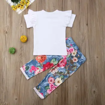 Horúci Letný Detský Baby Girl Šaty Prehrabať Topy T-Shirt Kvetina Oblečenie Nohavice S Lukom Štýlový šťastie dieťa Sunsuit
