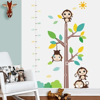 Cartoon Merania Výšky Samolepky na Stenu pre Deti Detská Izba Dekorácie Spálňa Umenie Obtlačky Opice Tapety Samolepiace
