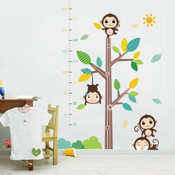 Cartoon Merania Výšky Samolepky na Stenu pre Deti Detská Izba Dekorácie Spálňa Umenie Obtlačky Opice Tapety Samolepiace