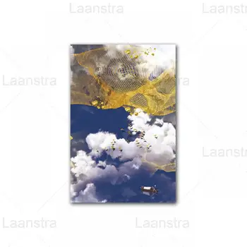 Maliarske plátno Modrá Obloha, Biele Oblaky Golden Line Vtákov Letecký Pohľad Plagáty a Tlačené Steny Umenie Obrázky Domov Obývacia Izba Dekor