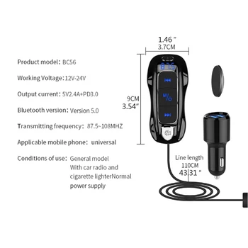 Bluetooth 5.0 Stereo MP3 Prehrávač, Bezdrôtová Handsfree Súprava do Auta podporu Siri Typ-C PD Rýchlo Nabíjačka Auto FM Vysielač
