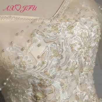AXJFU princezná šampanské čipky večerné šaty luxusné retro nevesta lištovanie dunenia loď krku kvet volánikmi čipky večerné šaty