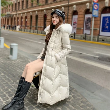 Ženy dlho nadol bunda nad kolená kabát 2020 zimné nové módne fox kožušiny golier s kapucňou nadol bunda módne Slim Vetrovka M122