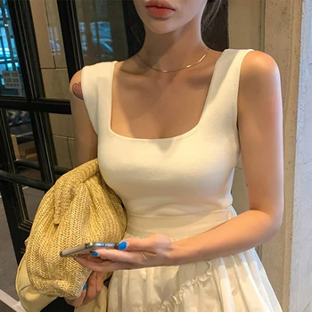 Nové Módne Bez Rukávov Vysoká Pružnosť Sexi Štíhle Biele Tielko Ženy Kórejské Oblečenie 2021 Letné Topy Čierne Tričko Haut Femme