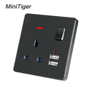 Minitiger Black Sieťovej napájacej Zásuvky 13A UK Štandardná sieťová Zásuvka 2.1 Dual Rýchle USB Nabíjací Port LED indikátor
