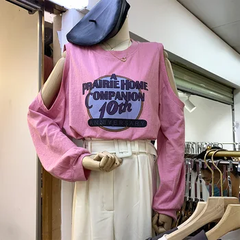Dlhý rukáv T-shirt dámske jeseň 2020 nové kórejská verzia doplnky, módne lem voľné rameno voľné top okolo krku písmena T