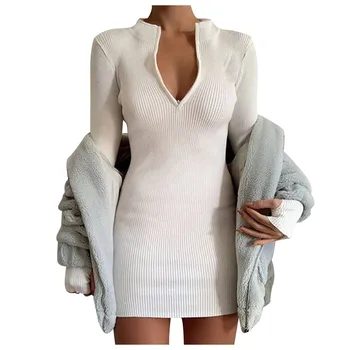 2021 Nové Šaty Dámske Módne Sexy Stredne dlhé Šaty na Zips, Pevné Dlhým rukávom, V-výstrihom Šaty Vestido De Mujer
