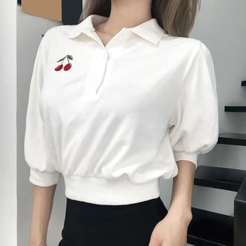 Kórejský dámskej Módy Cherry Výšivka Biela T-Shirt Top Sexy Krátky Top Výšivky Slim Fitness Žien Top Veľkosti S