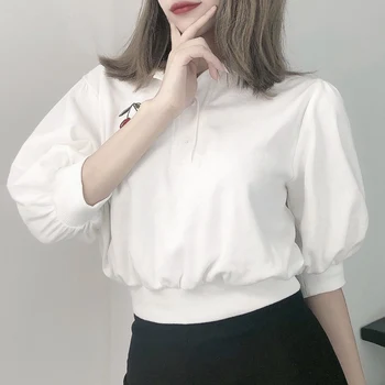 Kórejský dámskej Módy Cherry Výšivka Biela T-Shirt Top Sexy Krátky Top Výšivky Slim Fitness Žien Top Veľkosti S