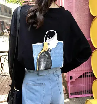 2018 jar ženy, kórejský voľné cartoon tlač bežné t-shirt žena dlhý rukáv top