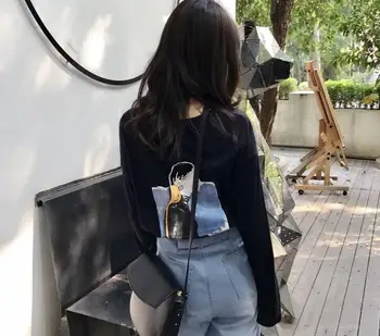2018 jar ženy, kórejský voľné cartoon tlač bežné t-shirt žena dlhý rukáv top