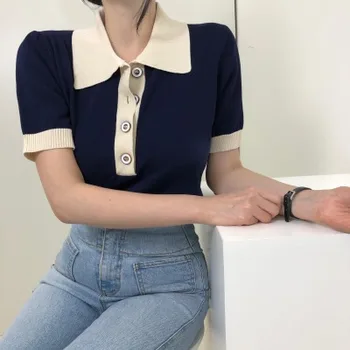 2020 Lete kórejský Pletené Pruhované Tričká Topy Ženy Krátky Rukáv Zase dole Golier Tlačidlá Tees Ležérne Módne T-shirts Femme