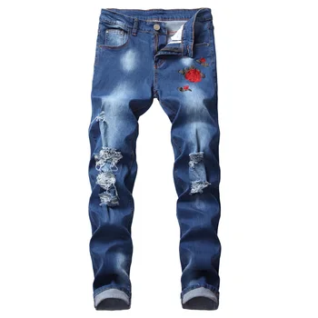 Muži otvory Kvetinové výšivky modré džínsy módne pánske oblečenie Slim úsek Bežné Slim Fit Džínsové Nohavice Modrej Streetwear Nohavice