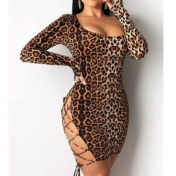 Dlhé rukávy tesný super sexy šaty party club oblečenie sexy nočný klub leopardí vzor s uväzovaním za pás taška hip krátke ženy