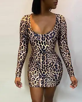 Dlhé rukávy tesný super sexy šaty party club oblečenie sexy nočný klub leopardí vzor s uväzovaním za pás taška hip krátke ženy
