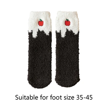 Ženy Zimné Zahustiť Coral Velvet Fuzzy Črievičku Ponožky Posádky Japonský Štýl Roztomilý Ovocie Výšivky Kontrast Farieb Tepelnej