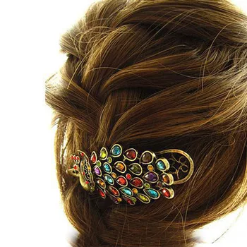 Hot Predaj 1pc Ženy, Dievčatá Ročník Páva sponky do vlasov Očarujúce Farebné Crystal Hairclips Darček