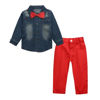 Bežné Deti Oblečenie Na Jar Deti, Oblečenie Set Oblečenia Bavlna, Dlhý Rukáv Džínsové Košele + Červené Nohavice