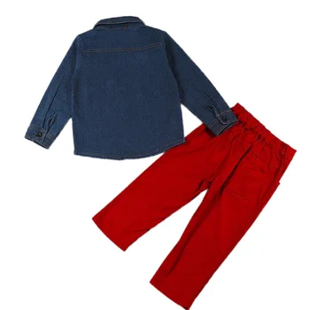 Bežné Deti Oblečenie Na Jar Deti, Oblečenie Set Oblečenia Bavlna, Dlhý Rukáv Džínsové Košele + Červené Nohavice