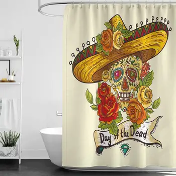 Cool Sprchové Závesy pre Pánske Kúpeľňa Cukru Lebky Dekor,Lebka v Sombrero Tradičnej Mexickej Kultúry Motív Ruže Deň