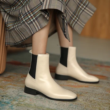 ISNOM Originálne Kožené Členkové Topánky Ženy Chelsea Boot Štvorcové Prst Robustný Podpätok Topánky Žena Pošmyknúť Na Krátke Botičky Šaty Topánky Žena