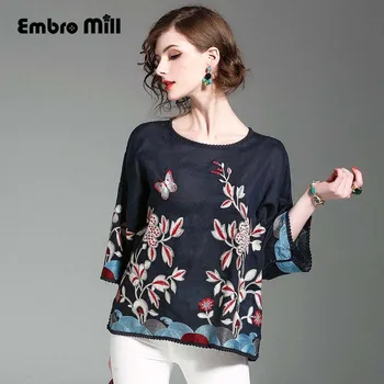 High-end jar folk-vlastné blúzka tričko Retro ženy výšivky motýľ módne bielizeň Voľné lady tričko tričko top S-XL