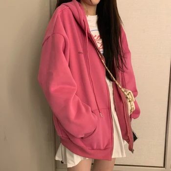 Zip-up Ženy kórejský Štýl hoodies Vintage Farbou Dlhý Rukáv Nadrozmerné Mikina s Kapucňou Lady Ženy Bežné Veľké Kabáty