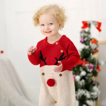 Focusnorm 0-18 M Novonarodené Deti Baby Girl Vianoce Jeleň Pletené Romper Jumpsuit Zime Teplé Oblečenie