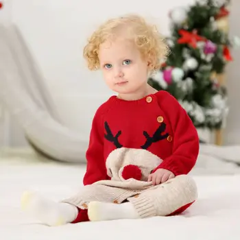 Focusnorm 0-18 M Novonarodené Deti Baby Girl Vianoce Jeleň Pletené Romper Jumpsuit Zime Teplé Oblečenie
