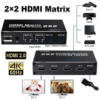 Vysoká Rýchlosť Prepínač 2 2 výstup Video S Diaľkovým ovládaním HDCP1.4 3D 2x2 Matice Prenosné Home Office Splitter 4k 1080p 60hz