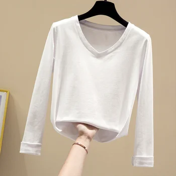 2020 Jeseň kórejský Slim Office Lady Blúzka V-neck Tričko Ženy Bavlna, Dlhý Rukáv T-Shirt Ženy Pevné Pulóver Tričko Blusas 10476