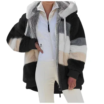 Patchwork Plyšové Kabát ženy Vrecká na Zips, s Kapucňou Kabát Módne Zimné Kabát Teplé Vrecko Outwear 5XL veľké veľkosti, Ležérne Sako
