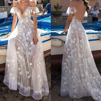 Móda Ženy Sexy tvaru Čipky Pevné Farby bez Rukávov Volánikmi Flitrami Nášivka Dlho Strany Elegantné Šaty vestidos de novia#g3