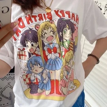 VIP HJN Japonský Sailor Moon Tlač Roztomilý Tričko Ženy, Dievča, Nadrozmerné Zábavné Grafické Tees Harajuku Doplnky, Módne Krátke Rukáv Top