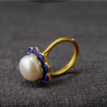Nový silver vykladané človekom Pearl pozlátené smalt plavidlá krúžok Čínskej klasickej palác štýl otvorenie nastaviteľné ženy značky šperky