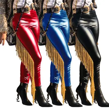 2020 Bežné PU kožené patchwork vysoký pás ceruzkou nohavice, veľkoobchod fashion street ženy strapec strane nohavice dna