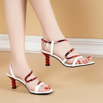 2020 módne ženy sandále červená lakovanej kože vysokým podpätkom sandále ženy, otvorené prst členok pracky popruhu sexy dámy strany topánky kiu89
