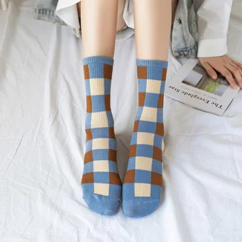 Ponožky Ženy Bavlna Elegantný Vzor, Patchwork Koberčeky Prúžok Multi-farba Modrá Khaki Biela Posádky Ponožky Retro Vintage Sox Žena Soks