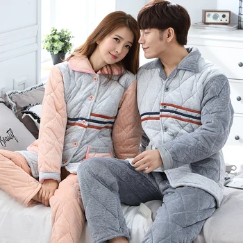 Pár 3 vrstvy prešívaný pyžamo sady mužov a žien zahustiť pijamas coral fleece sleepwear domov nosiť teplé pyžamo milenca pyžamá