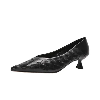 Značka módne dámske vysoké päty topánky čierne kožené tkanie poukázal jeden topánky pre ženy s nízkym podpätkom pohodlné vonkajšie listy
