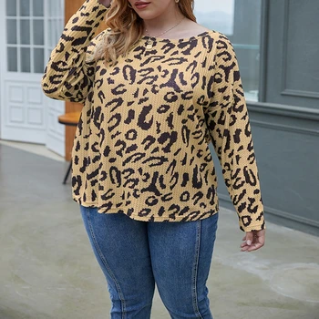Jeseň nové plus veľkosť dámske tričko 6XL-10XL poprsie 156CM módne dámske kolo krku dlhým rukávom leopard tlač bežné T-shirt