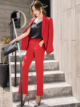 Dámske odevy módne farby jesene nový štýl dlhým rukávom červenej farby obleku ženský profesionálny nosenie office dámy 2 sady